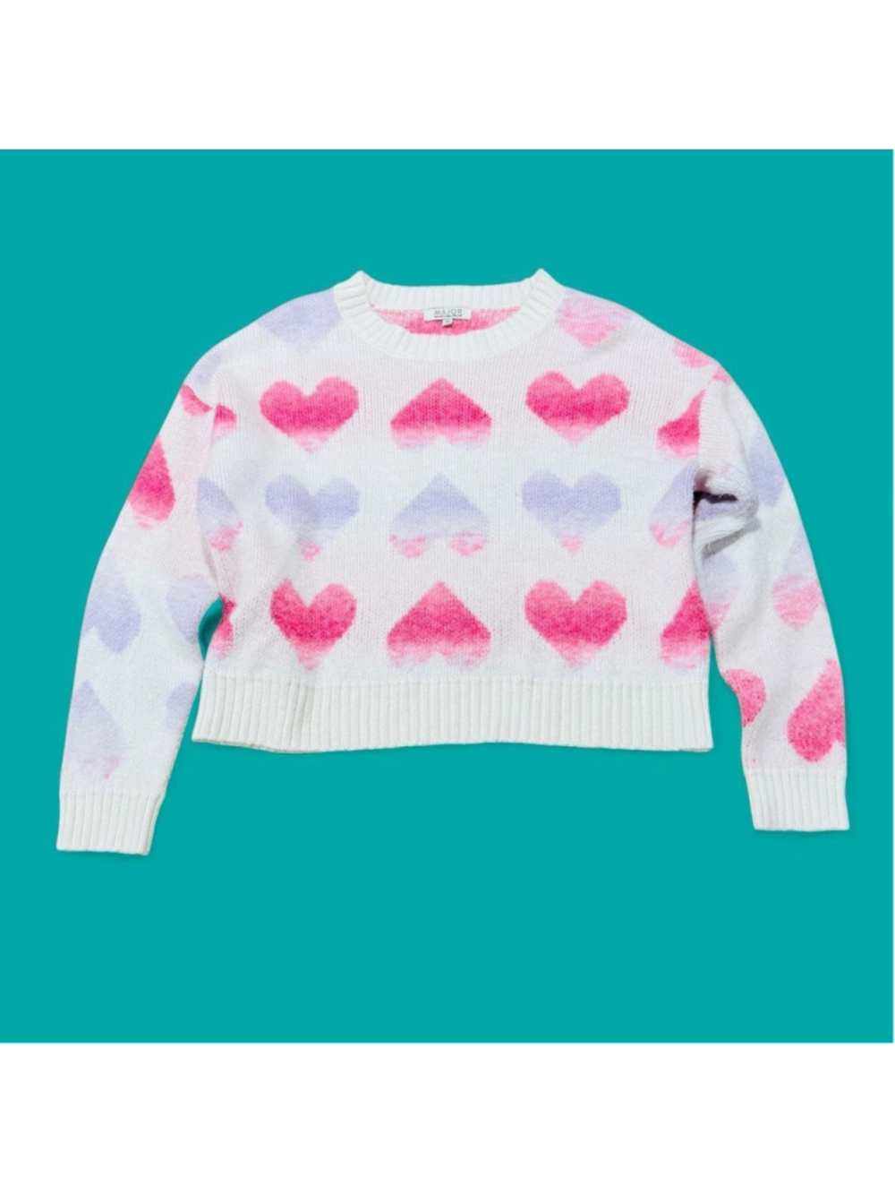 Major Label Group Heart Print Cropped Sweater XS Pink White Soft Girl Cozy